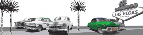 Siebdruckspiegel Las Vegas Schild rechts drei Palmen fünf Autos ein grünes Auto rechts ein Auto mit grünem Dach links Spiegel mit Motivdruck Abmessung (B x H ): 140 x 35 cm Gewicht: 6 kg Montage: unsichtbare Befestigung